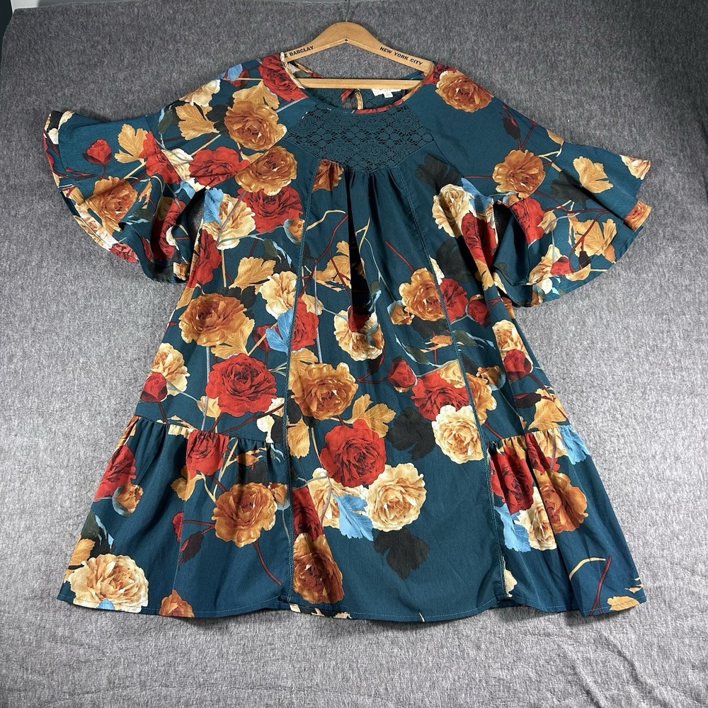 Floral Teal Ruffle-Sleeve Dress -worn 1x